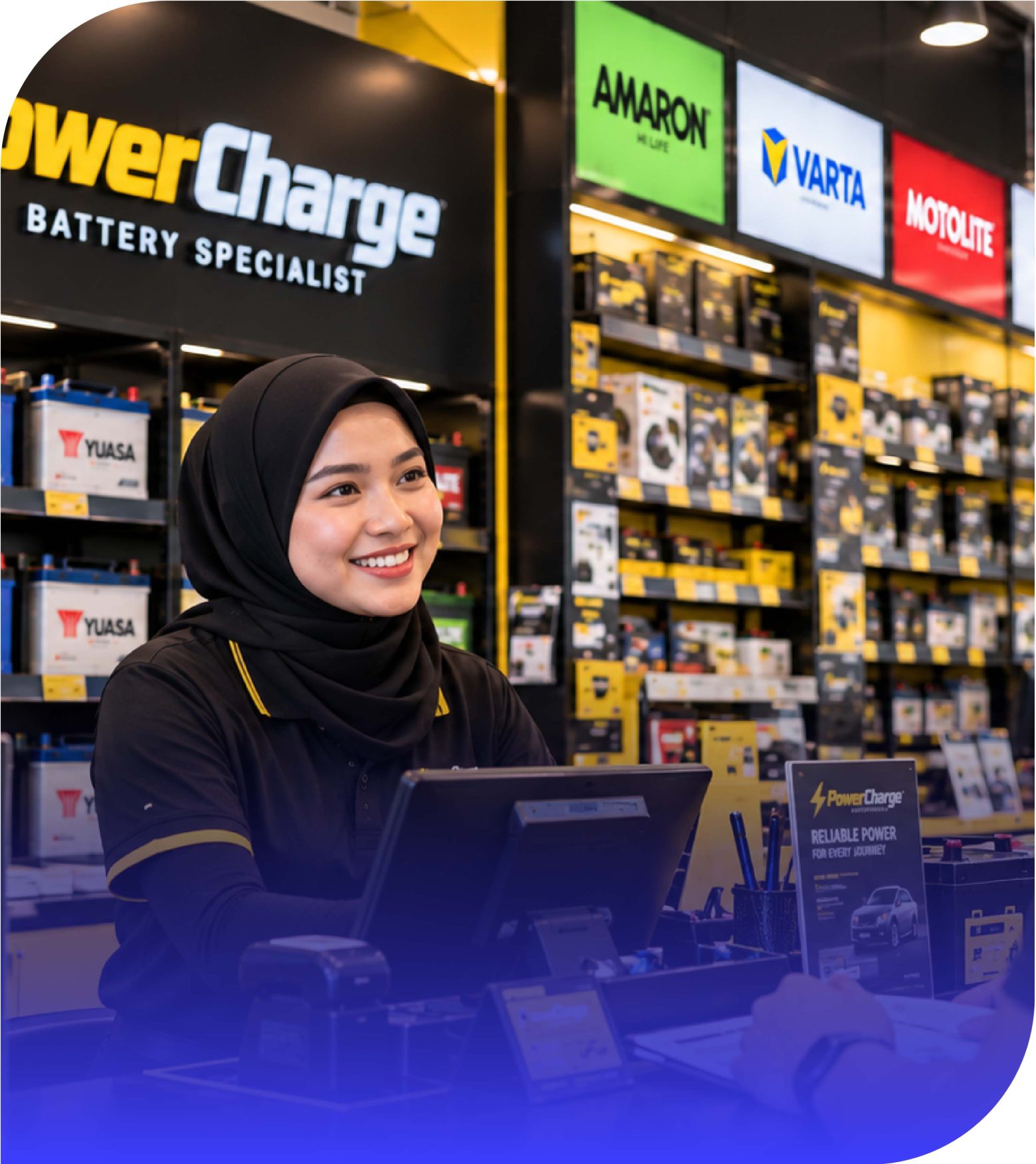 Cashier using JomPOS at a battery store counter